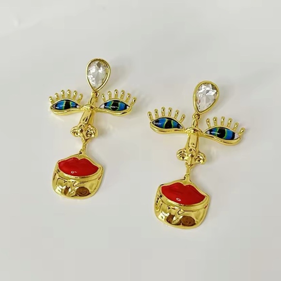 Visage Surrealism Gold Blue Eyes Earrings - Picture 4 of 10